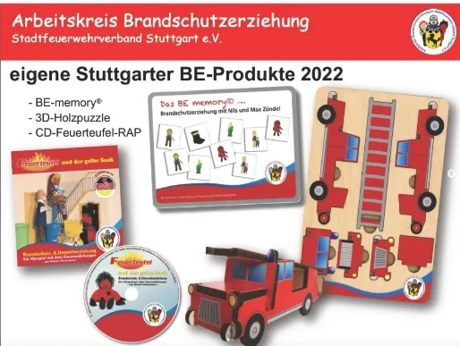 Bildmontage mit eigens vom Arbeitskreis Brandschutzerziehung entwickelten Produkten zur Brandschutzerziehung bei Kindern